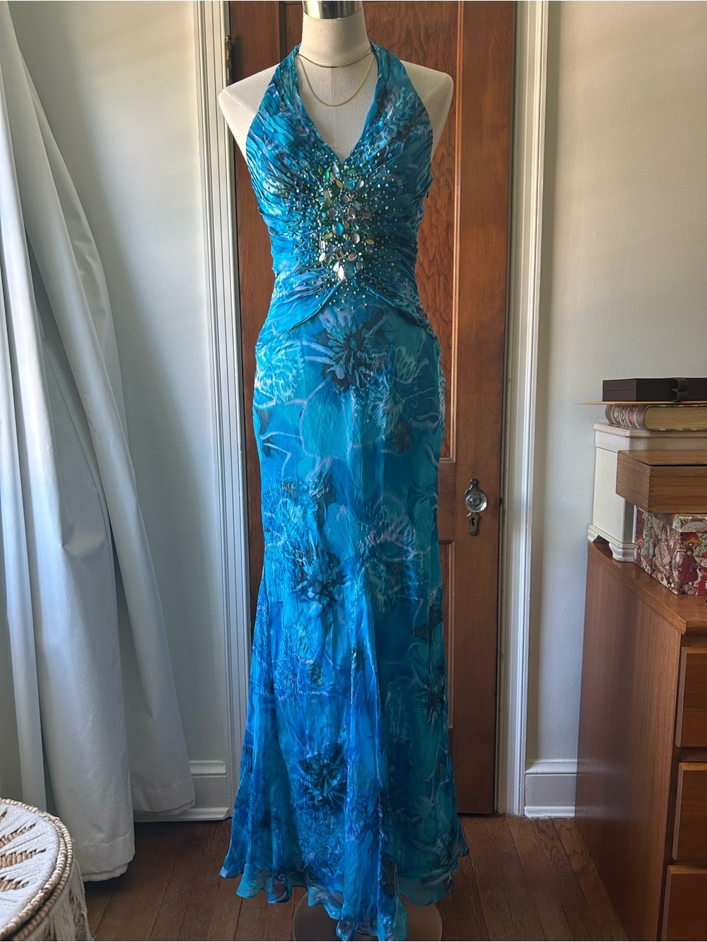 Vintage Y2K Turquoise Silk Blue Halter Evening Gown with Beaded Bodice